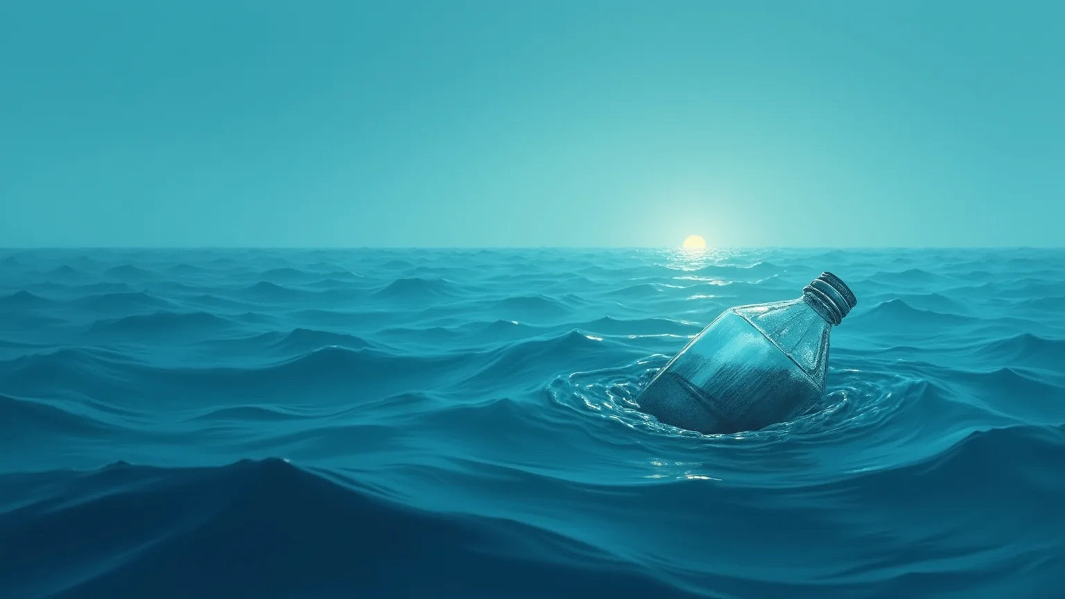 AI-generated editorial illustration: a single empty plastic water bottle drifts tilted and half-submerged on an open teal ocean, under a pale sun low on an empty horizon
