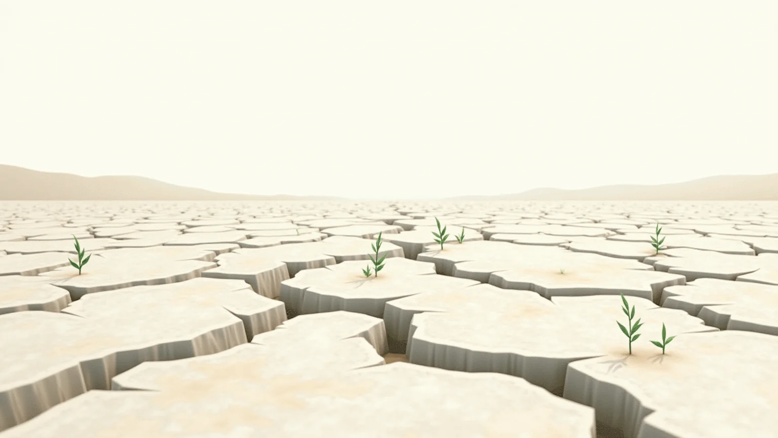 AI-generated editorial illustration: a wide plain of sun-baked earth cracked into pale polygonal plates under a bleached white sky, with a scattering of small green seedlings pushing up through the fissures