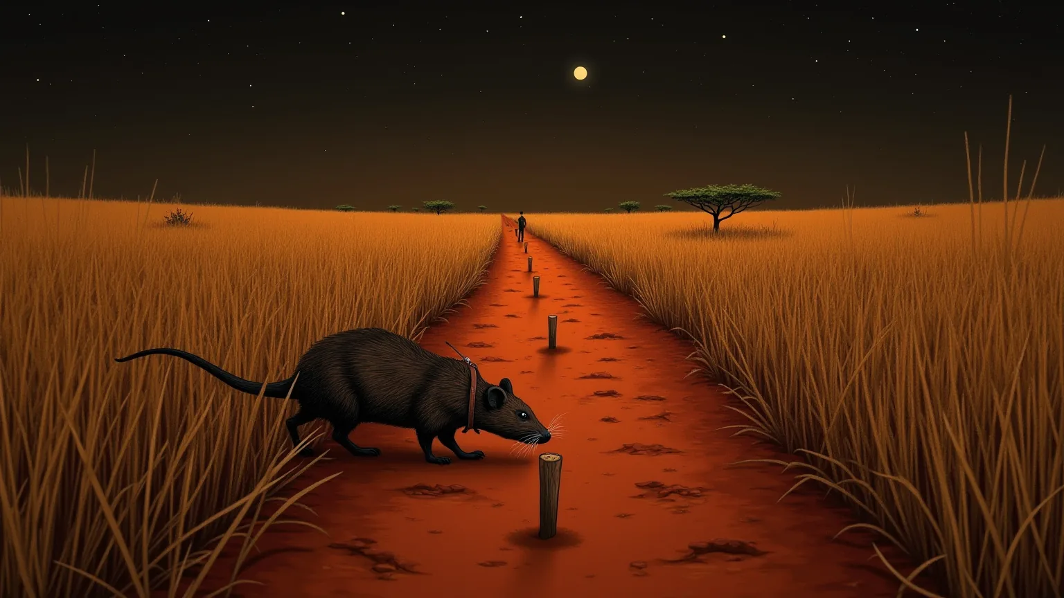 AI-generated editorial illustration: a giant African pouched rat in a harness sniffs a red-earth survey lane cut through dry savanna grass at night, its handler waiting far down the lane