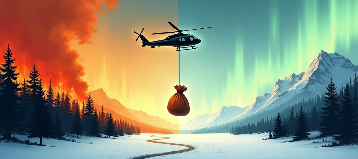 A 2D editorial banner split down the middle: on the left a coniferous forest burning under orange smoke, on the right a snowy, aurora-lit Arctic landscape, with a helicopter flying across the centre carrying a large sack of seeds slung on a cable beneath it.