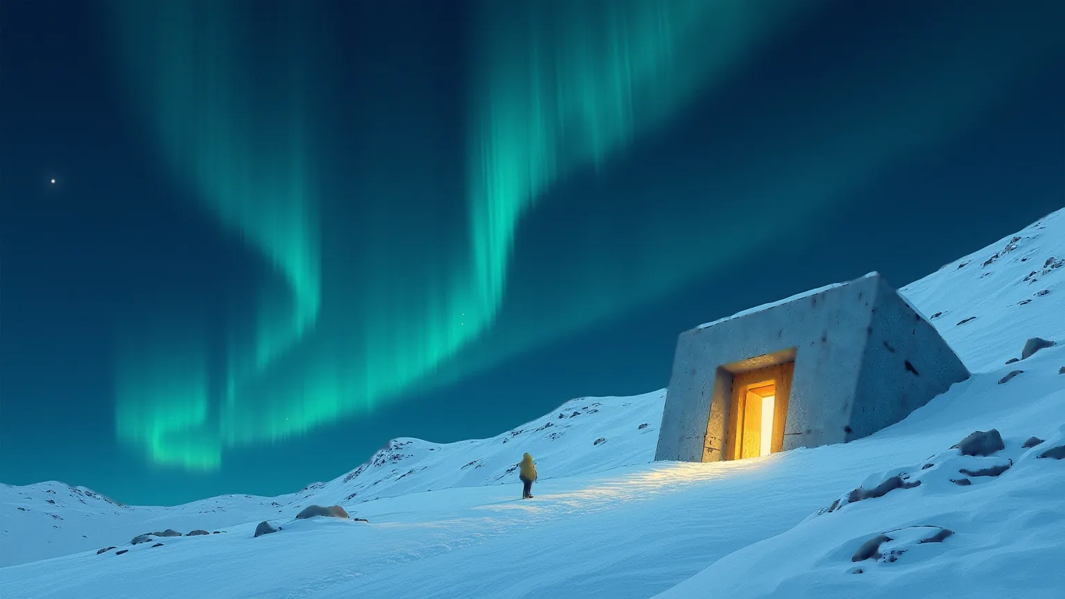 AI-generated editorial illustration: the concrete entrance portal of the Svalbard Global Seed Vault glows warmly from a snowy mountainside under a green aurora, as a lone figure walks up the slope toward it